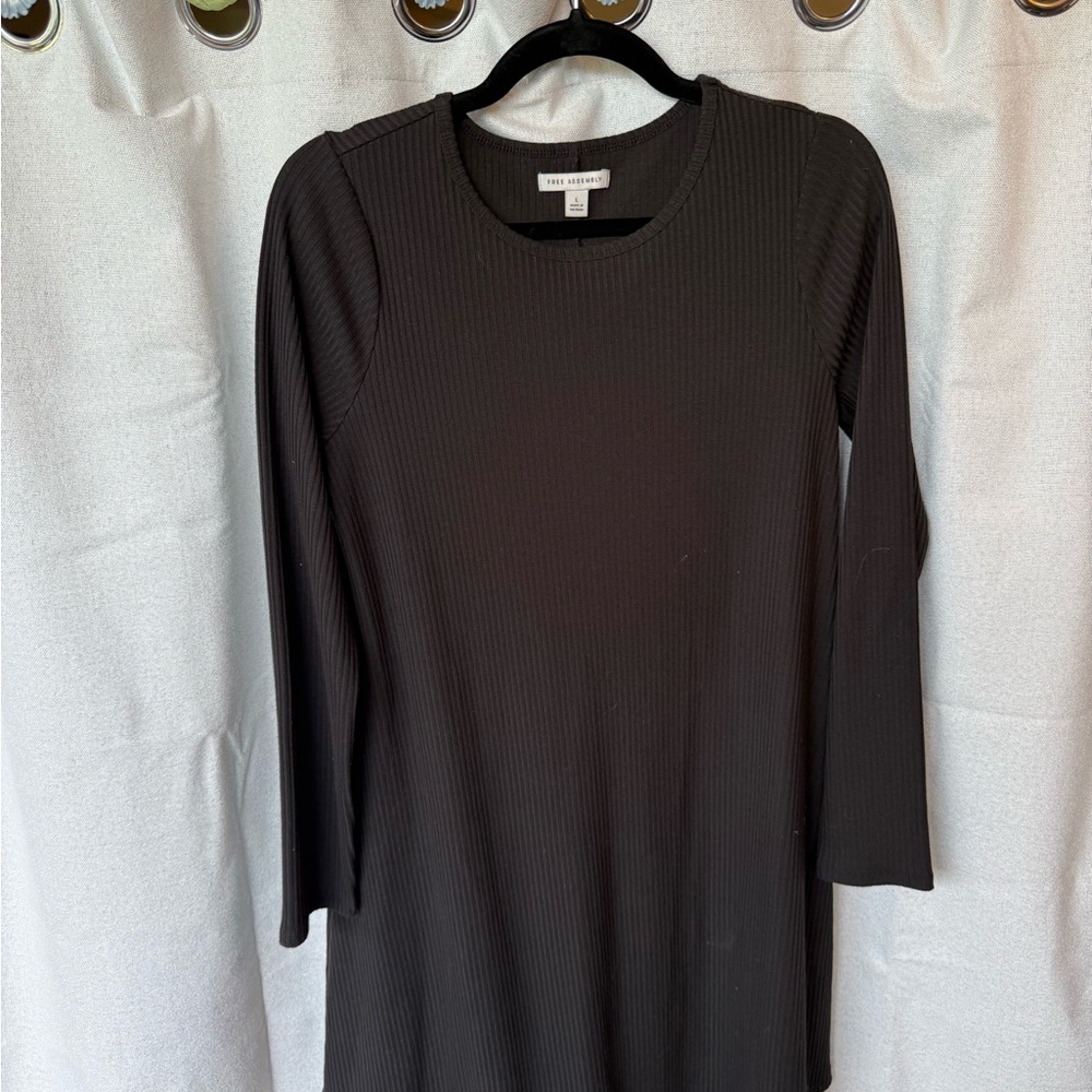 Theory Black Ribbed Long-Sleeve Crewneck Dress